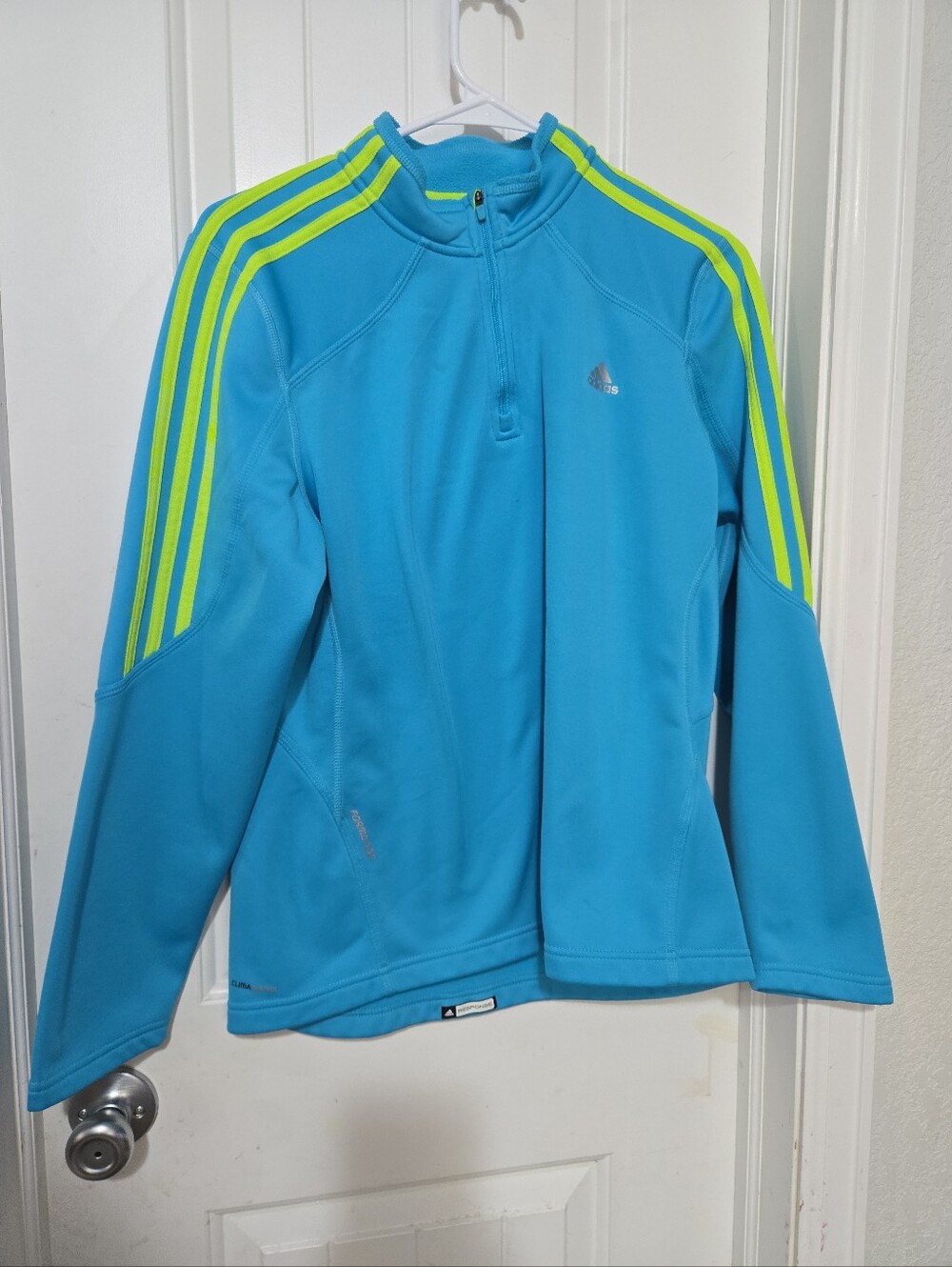 Adidas ClimaMotion Women’s Blue Neon Green 3 Stripe Quarter Zip Pullover Size L